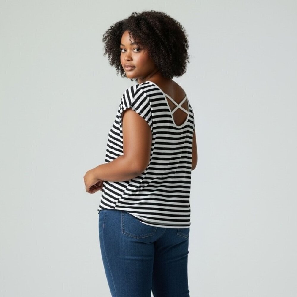 Talbots Navy & White Stripe Jersey Criss-Cross Back Tee Size 3X Casual Top